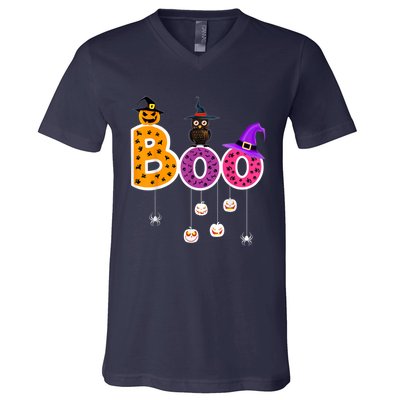 Boo Halloween Costume Spiders Ghosts Pumkin & Witch Hat V-Neck T-Shirt