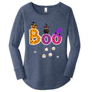 Boo Halloween Costume Spiders Ghosts Pumkin & Witch Hat Women's Perfect Tri Tunic Long Sleeve Shirt