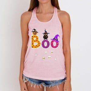 Boo Halloween Costume Spiders Ghosts Pumkin & Witch Hat Women's Knotted Racerback Tank