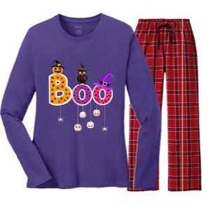 Boo Halloween Costume Spiders Ghosts Pumkin & Witch Hat Women's Long Sleeve Flannel Pajama Set 