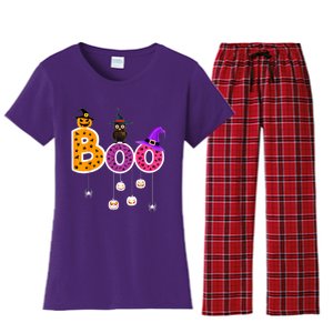 Boo Halloween Costume Spiders Ghosts Pumkin & Witch Hat Women's Flannel Pajama Set