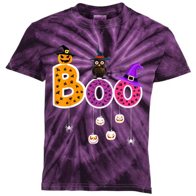 Boo Halloween Costume Spiders Ghosts Pumkin & Witch Hat Kids Tie-Dye T-Shirt