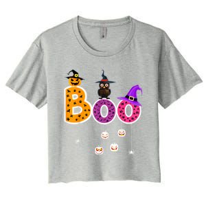 Boo Halloween Costume Spiders Ghosts Pumkin & Witch Hat Women's Crop Top Tee