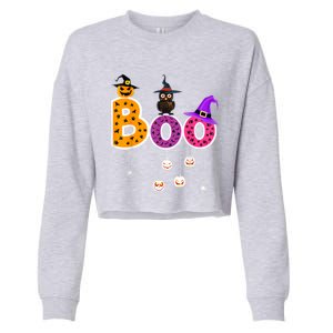 Boo Halloween Costume Spiders Ghosts Pumkin & Witch Hat Cropped Pullover Crew