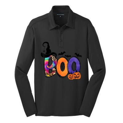 Boo Halloween Costume Spiders Ghosts Pumkin & Witch Hat Silk Touch Performance Long Sleeve Polo