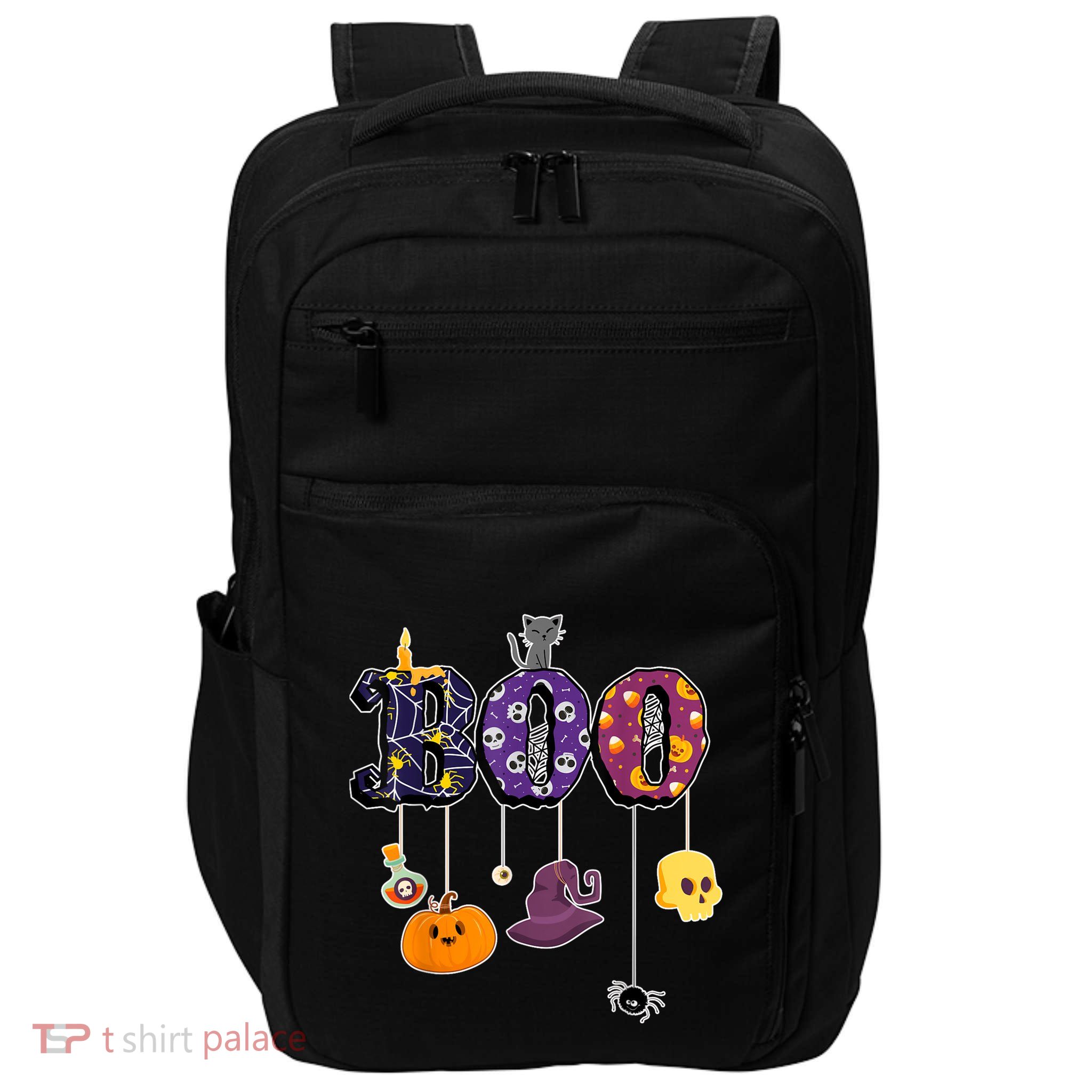 Boo Halloween Costume Spiders Ghosts Pumkin & Witch Hat Impact Tech Backpack