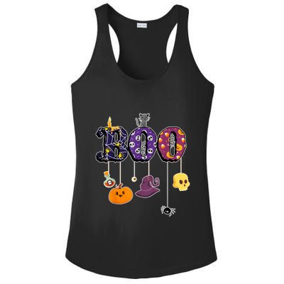 Boo Halloween Costume Spiders Ghosts Pumkin & Witch Hat Ladies PosiCharge Competitor Racerback Tank