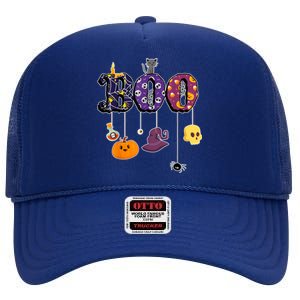 Boo Halloween Costume Spiders Ghosts Pumkin & Witch Hat High Crown Mesh Back Trucker Hat