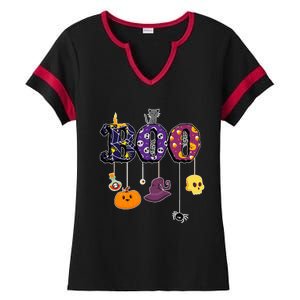 Boo Halloween Costume Spiders Ghosts Pumkin & Witch Hat Ladies Halftime Notch Neck Tee