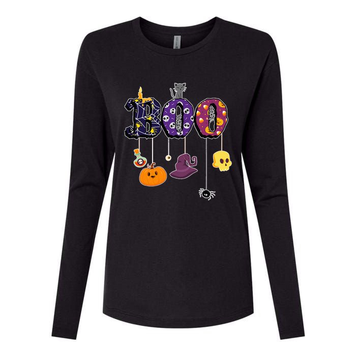 Boo Halloween Costume Spiders Ghosts Pumkin & Witch Hat Womens Cotton Relaxed Long Sleeve T-Shirt