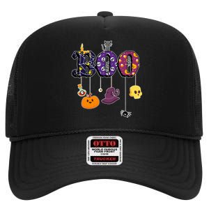 Boo Halloween Costume Spiders Ghosts Pumkin & Witch Hat High Crown Mesh Back Trucker Hat