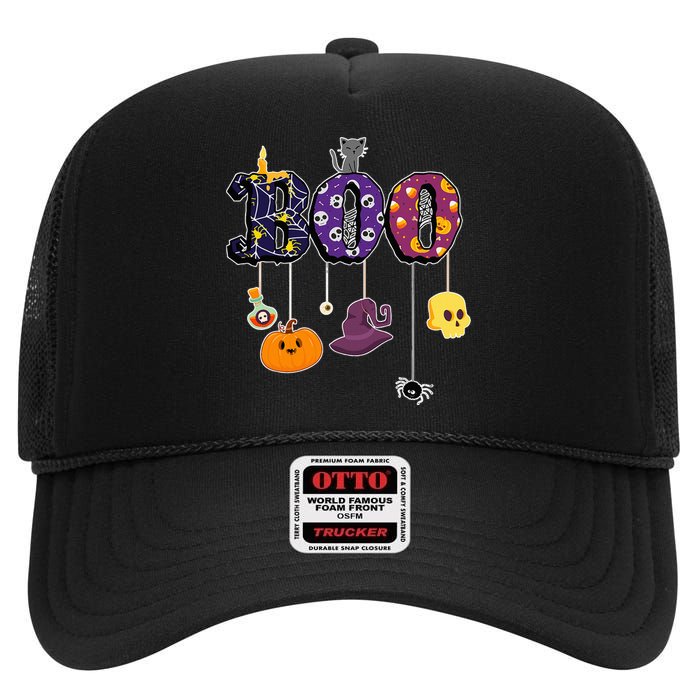 Boo Halloween Costume Spiders Ghosts Pumkin & Witch Hat High Crown Mesh Back Trucker Hat