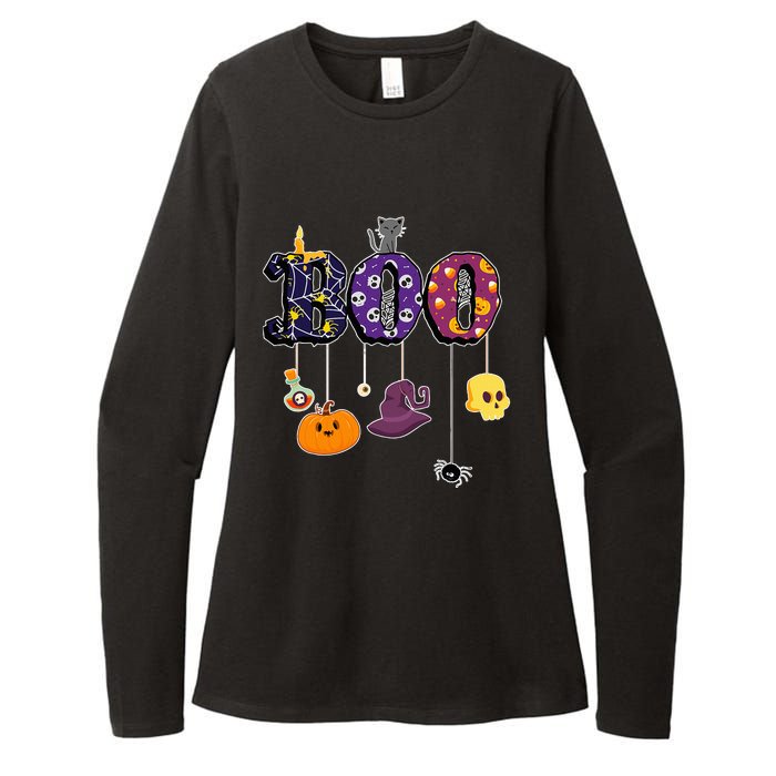 Boo Halloween Costume Spiders Ghosts Pumkin & Witch Hat Womens CVC Long Sleeve Shirt