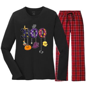 Boo Halloween Costume Spiders Ghosts Pumkin & Witch Hat Women's Long Sleeve Flannel Pajama Set 