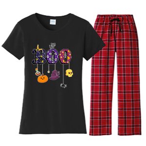 Boo Halloween Costume Spiders Ghosts Pumkin & Witch Hat Women's Flannel Pajama Set