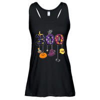 Boo Halloween Costume Spiders Ghosts Pumkin & Witch Hat Ladies Essential Flowy Tank