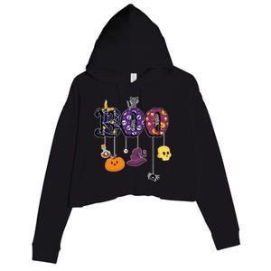 Boo Halloween Costume Spiders Ghosts Pumkin & Witch Hat Crop Fleece Hoodie