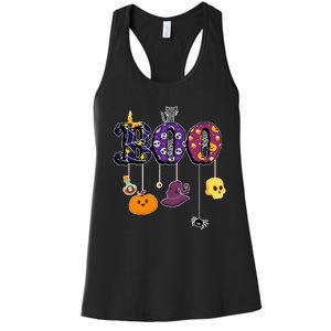 Boo Halloween Costume Spiders Ghosts Pumkin & Witch Hat Women's Racerback Tank