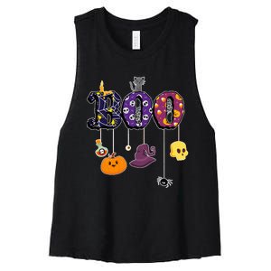 Boo Halloween Costume Spiders Ghosts Pumkin & Witch Hat Women's Racerback Cropped Tank