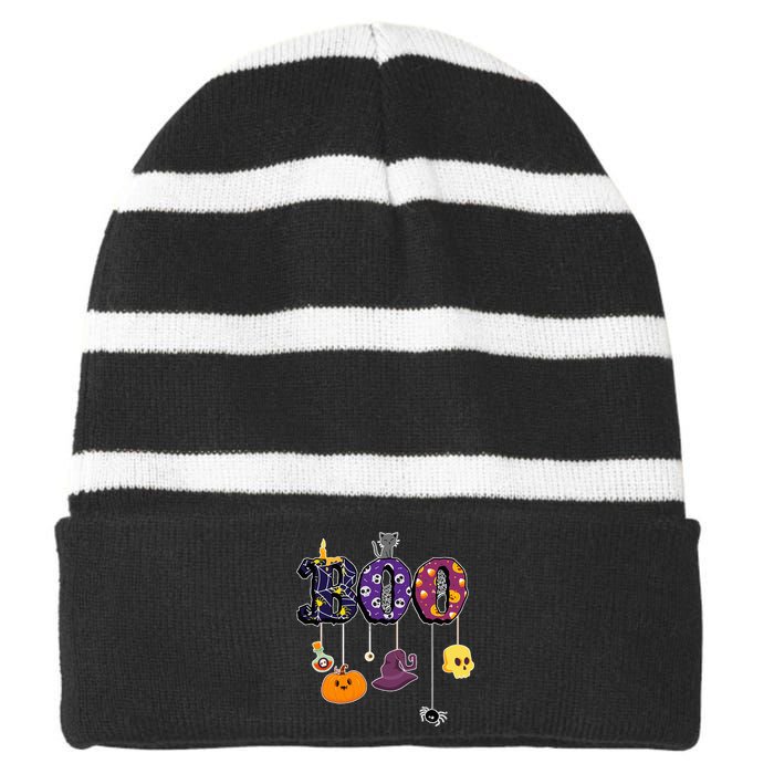 Boo Halloween Costume Spiders Ghosts Pumkin & Witch Hat Striped Beanie with Solid Band