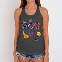 Boo Halloween Costume Spiders Ghosts Pumkin & Witch Hat Women's Knotted Racerback Tank