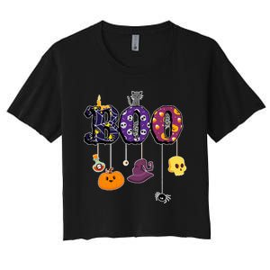 Boo Halloween Costume Spiders Ghosts Pumkin & Witch Hat Women's Crop Top Tee