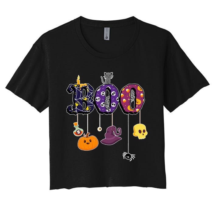 Boo Halloween Costume Spiders Ghosts Pumkin & Witch Hat Women's Crop Top Tee