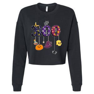 Boo Halloween Costume Spiders Ghosts Pumkin & Witch Hat Cropped Pullover Crew