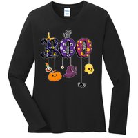 Boo Halloween Costume Spiders Ghosts Pumkin & Witch Hat Ladies Long Sleeve Shirt