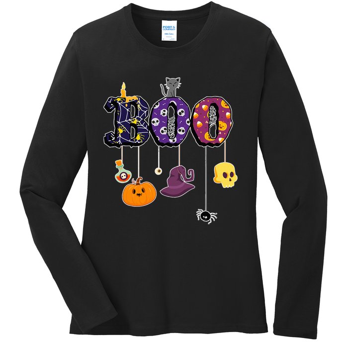 Boo Halloween Costume Spiders Ghosts Pumkin & Witch Hat Ladies Long Sleeve Shirt