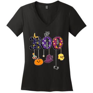 Boo Halloween Costume Spiders Ghosts Pumkin & Witch Hat Women's V-Neck T-Shirt