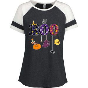 Boo Halloween Costume Spiders Ghosts Pumkin & Witch Hat Enza Ladies Jersey Colorblock Tee