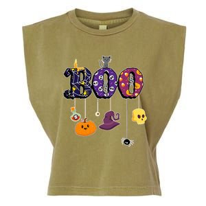 Boo Halloween Costume Spiders Ghosts Pumkin & Witch Hat Garment-Dyed Women's Muscle Tee