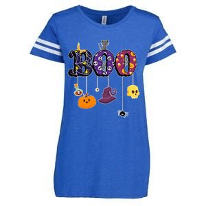 Boo Halloween Costume Spiders Ghosts Pumkin & Witch Hat Enza Ladies Jersey Football T-Shirt