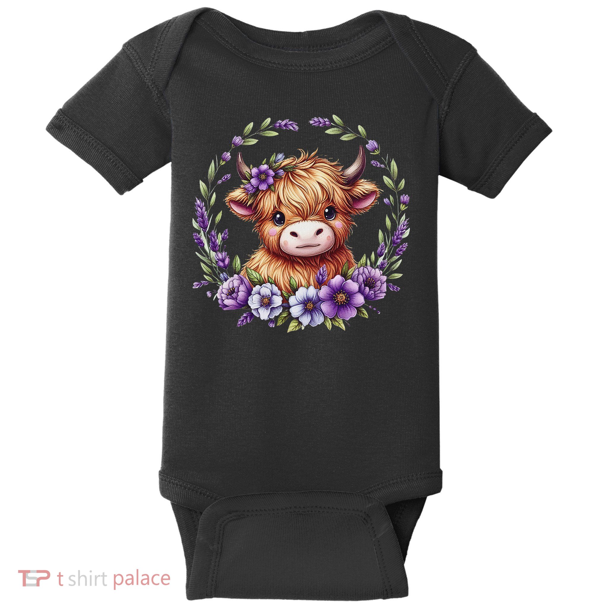 Baby Highland Cow With Purple Flowers Scottish Farm Baby Bodysuit
