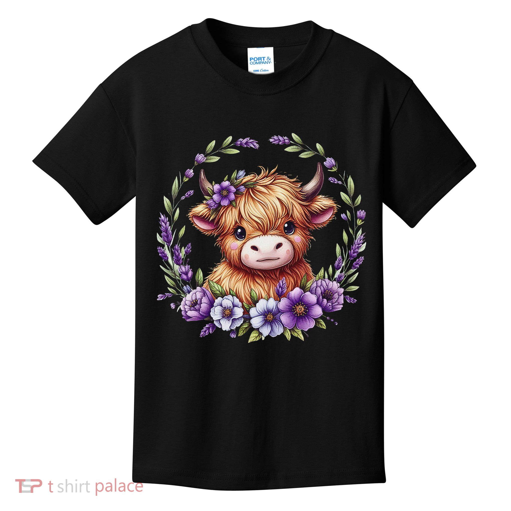 Baby Highland Cow With Purple Flowers Scottish Farm Kids T-Shirt