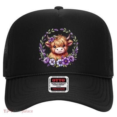 Baby Highland Cow With Purple Flowers Scottish Farm Gift High Crown Mesh Back Trucker Hat