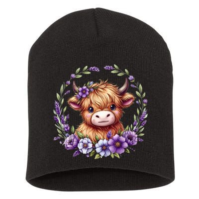 Baby Highland Cow With Purple Flowers Scottish Farm Gift Short Acrylic Beanie