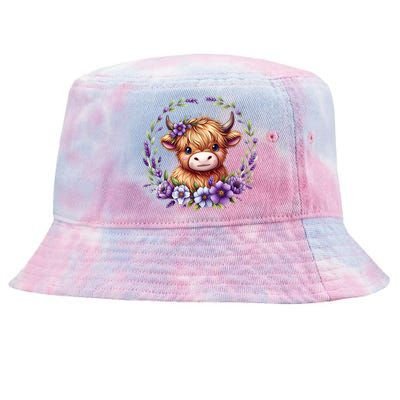 Baby Highland Cow With Purple Flowers Scottish Farm Gift Tie-Dyed Bucket Hat