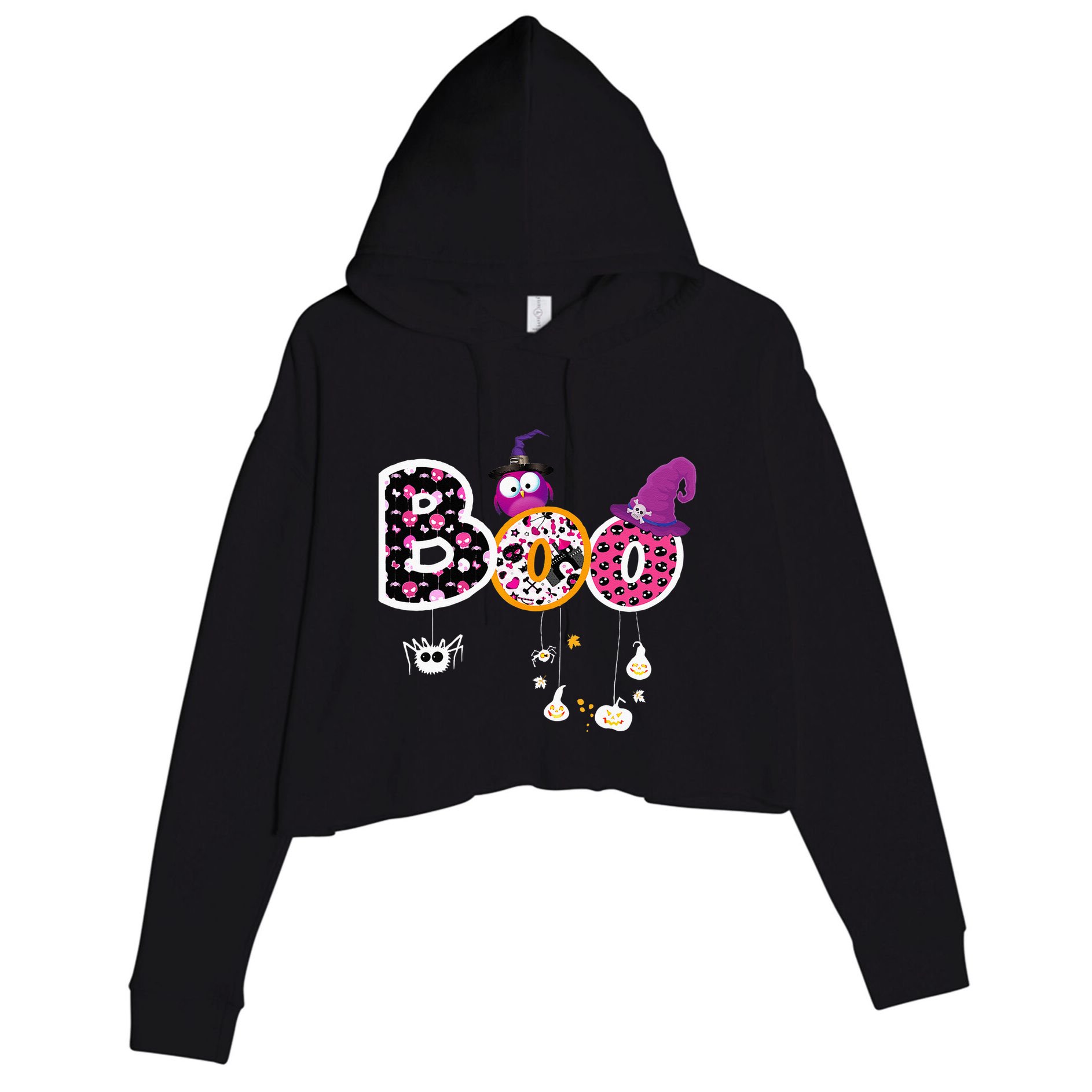 Boo Halloween Costume Spiders Ghosts Pumkin & Witch Hat Crop Fleece Hoodie