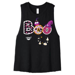 Boo Halloween Costume Spiders Ghosts Pumkin & Witch Hat Women's Racerback Cropped Tank