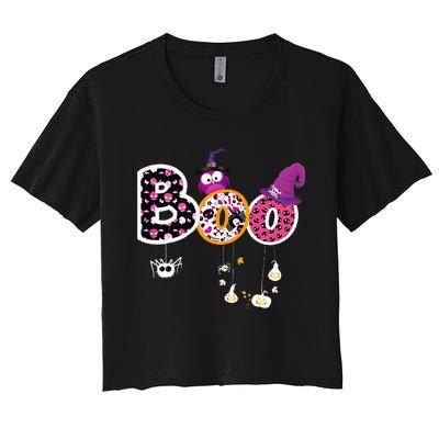 Boo Halloween Costume Spiders Ghosts Pumkin & Witch Hat Women's Crop Top Tee