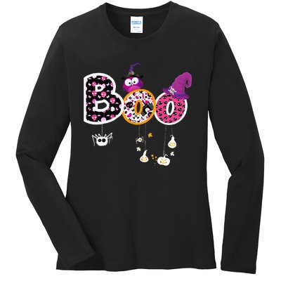 Boo Halloween Costume Spiders Ghosts Pumkin & Witch Hat Ladies Long Sleeve Shirt