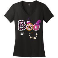 Boo Halloween Costume Spiders Ghosts Pumkin & Witch Hat Women's V-Neck T-Shirt