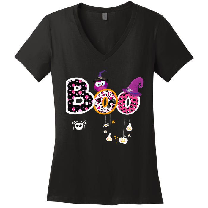 Boo Halloween Costume Spiders Ghosts Pumkin & Witch Hat Women's V-Neck T-Shirt