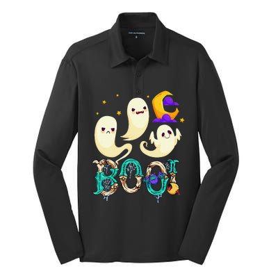 Boo! Halloween Cute Ghost Spooky Halloween Ghost Cat Apparel Silk Touch Performance Long Sleeve Polo