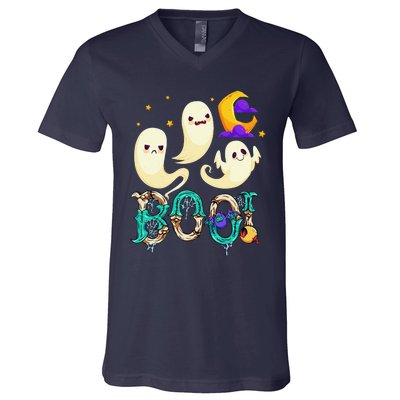 Boo! Halloween Cute Ghost Spooky Halloween Ghost Cat Apparel V-Neck T-Shirt