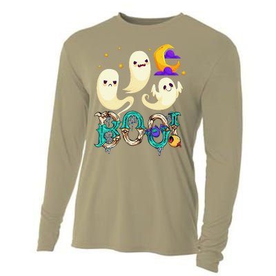 Boo! Halloween Cute Ghost Spooky Halloween Ghost Cat Apparel Cooling Performance Long Sleeve Crew