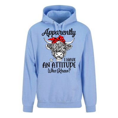 Bleached Highland Cow Apparently I Have An Attitude Who Knew Unisex Surf Hoodie