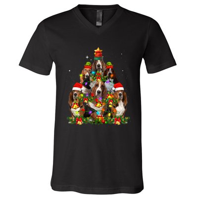 Basset Hound Christmas Tree Family Santa Hat Holiday Costume V-Neck T-Shirt